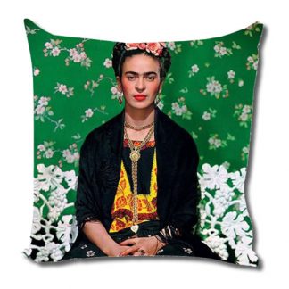 Frida Kahlo Seated Portrait Green Background Cushion Cover