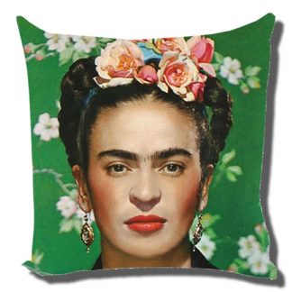 Frida Kahlo Face Portrait Green Background Cushion Cover